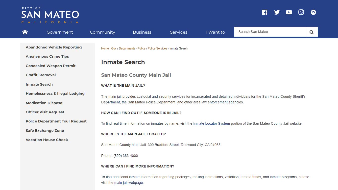 Inmate Search | San Mateo, CA - Official Website